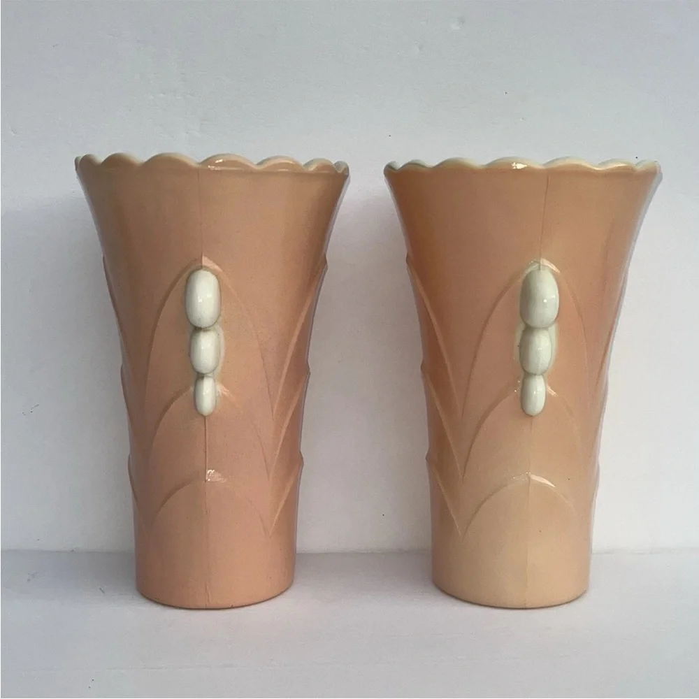 Vintage Anchor Hocking Fired On Pink Vitrock Scalloped Art Deco Style Vases